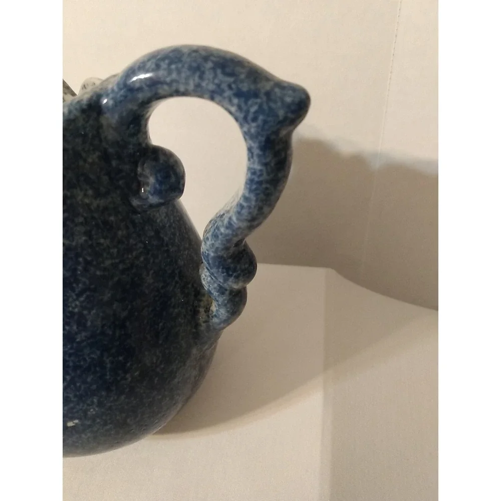 Blue Spongeware Calico China Pitcher with Pig Speckled Country Farmhouse decor